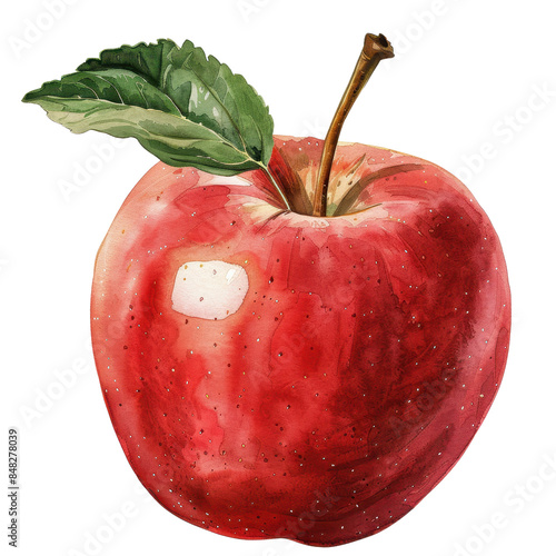 Watercolor Red Apple with Green Leaf.