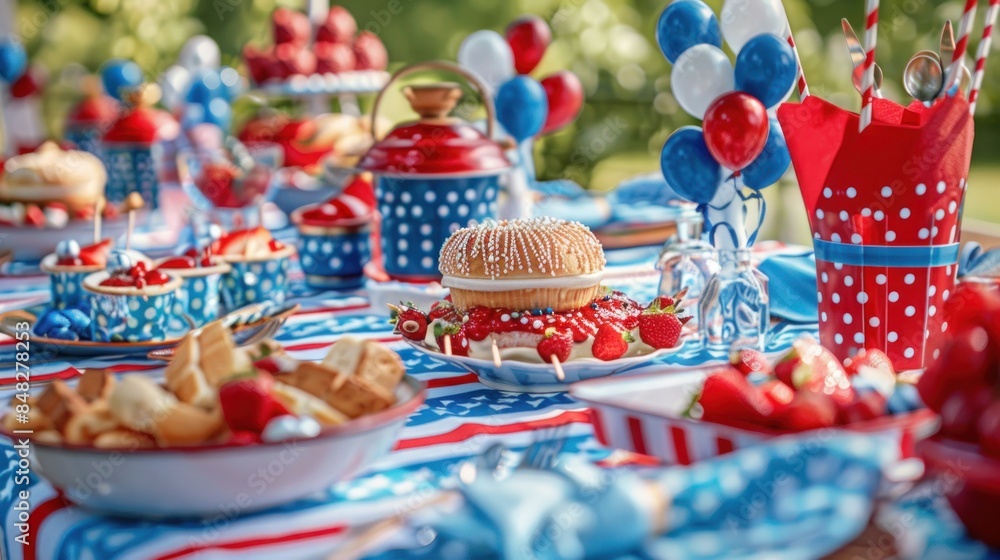 close-up of a beautifully decorated picnic table with red, white, and blue themed decorations and food close-up of a beautifully decorated picnic table with red, white, and blue themed decorations and food