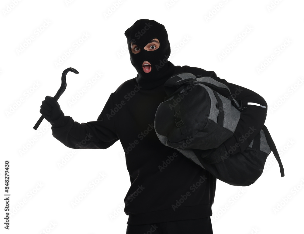 Emotional thief in balaclava with crowbar and bag on white background Emotional thief in balaclava with crowbar and bag on white background