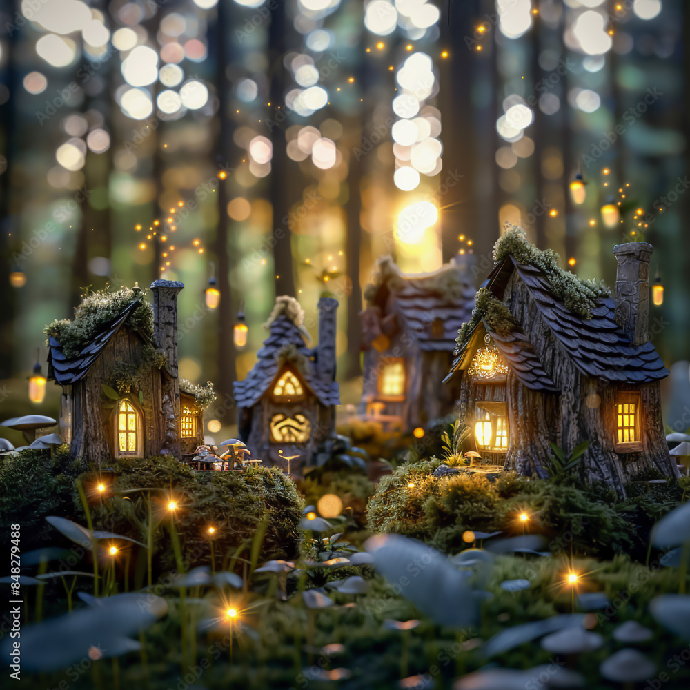 Whimsical fairy houses, enchanted forest, sparkling fireflies, mystical atmosphere, realistic image, backlights, ethereal lighting, lens flare effect Whimsical fairy houses, enchanted forest, sparkling fireflies, mystical atmosphere, realistic image, backlights, ethereal lighting, lens flare effect