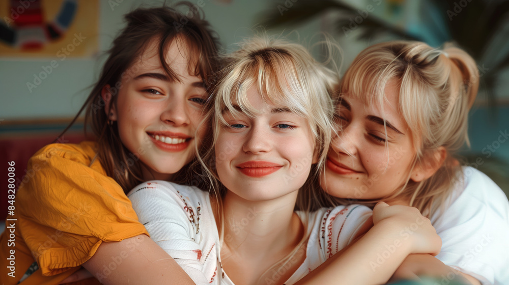 A group of girlfriends hug and support each other. Good news, friendly support. A group of girlfriends hug and support each other. Good news, friendly support.