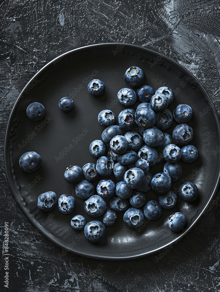 Blueberries in a black plate on a dark background with space for text or inscriptions, top view
Blueberries in a black plate on a dark background with space for text or inscriptions, top view