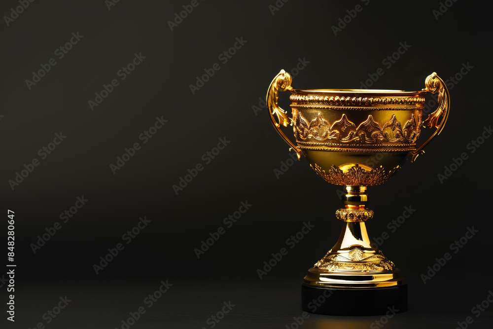Gold champion trophy or golden cup isolated on black background with space for text or inscriptions
Gold champion trophy or golden cup isolated on black background with space for text or inscriptions