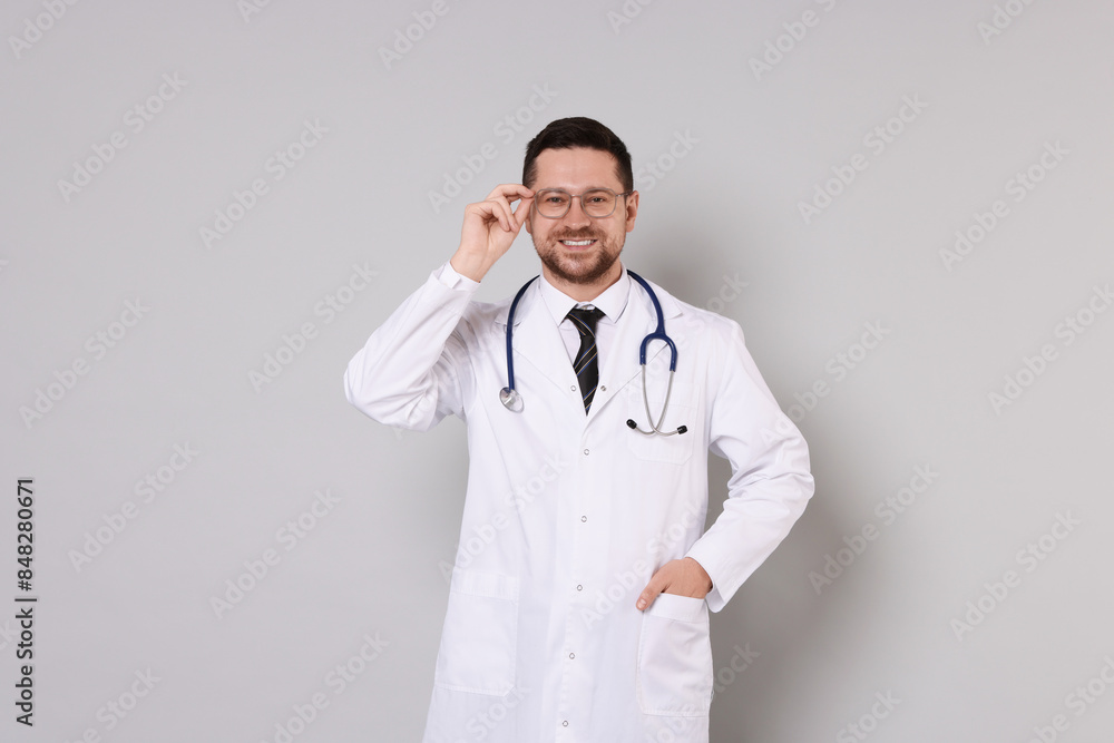 Portrait of smiling doctor on light grey background Portrait of smiling doctor on light grey background