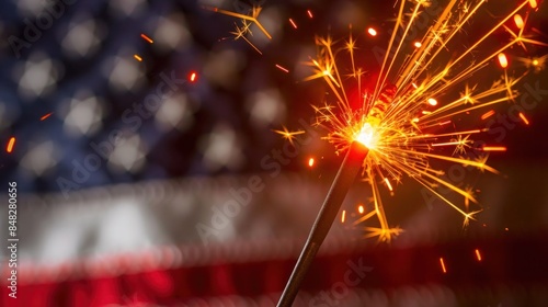 close-up of a sparker lit against a background of the American flag photo