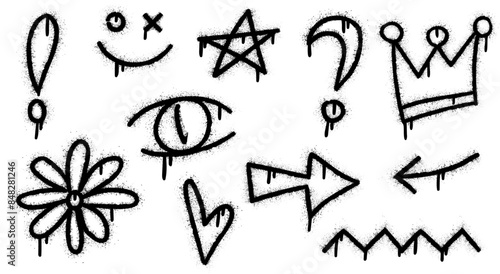 Graffiti drawing symbols set. Painted graffiti spray pattern of lightning, arrow, crown, star, heart, flower and smile. Street art style illustration.