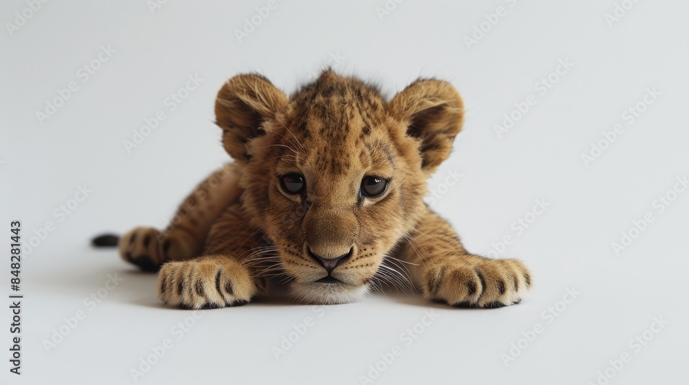 Obraz premium A small lion cub on a white backdrop