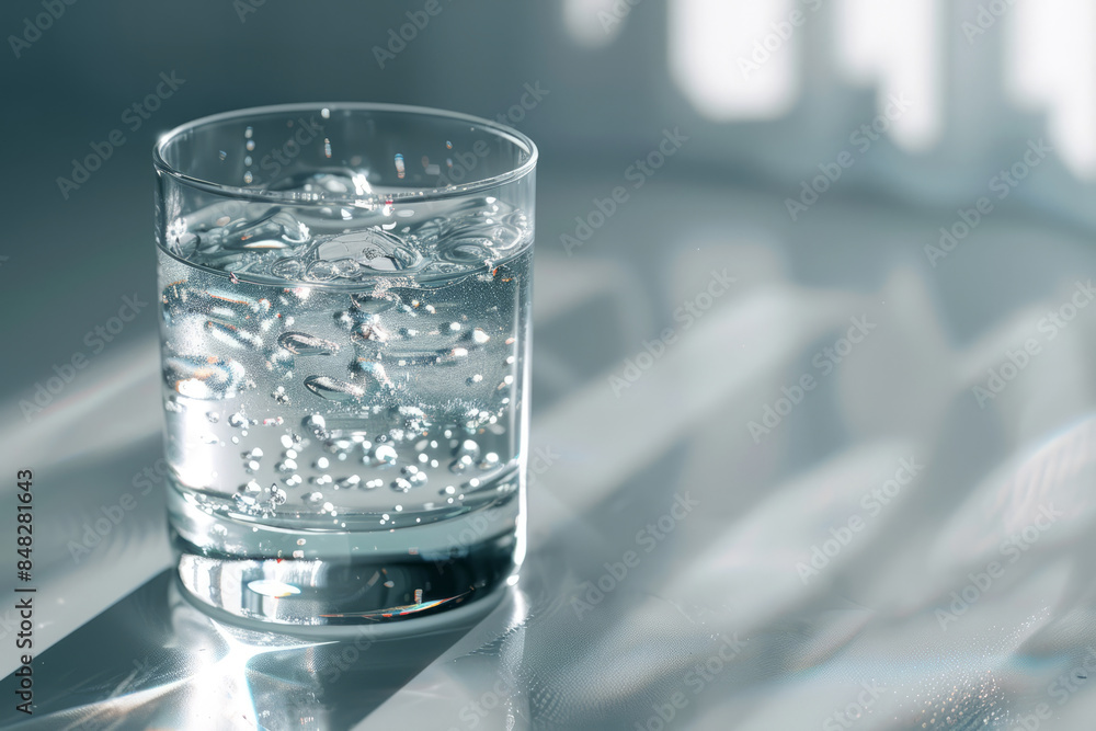 Transparent glass with crystal clear drinking water on a light background close up
Transparent glass with crystal clear drinking water on a light background close up