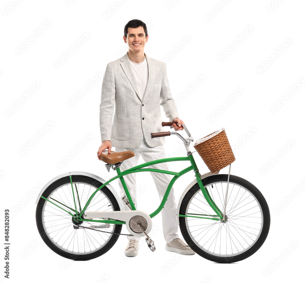 Smiling man with bicycle and basket isolated on white Smiling man with bicycle and basket isolated on white