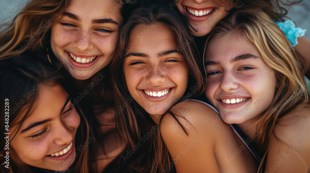 A group of girlfriends hug and support each other. Good news, friendly support. A group of girlfriends hug and support each other. Good news, friendly support.
