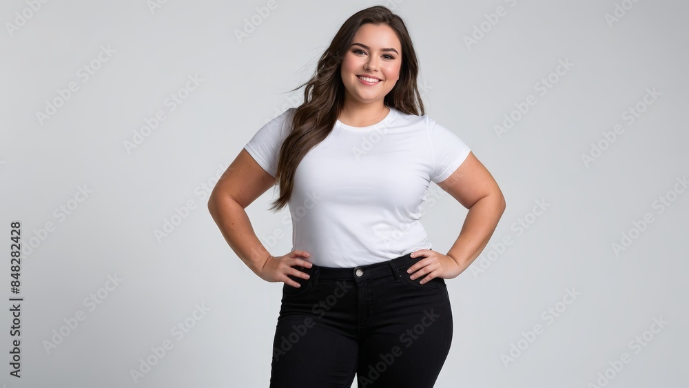 Plus size young woman wearing white t-shirt and black jeans isolated on grey background Plus size young woman wearing white t-shirt and black jeans isolated on grey background