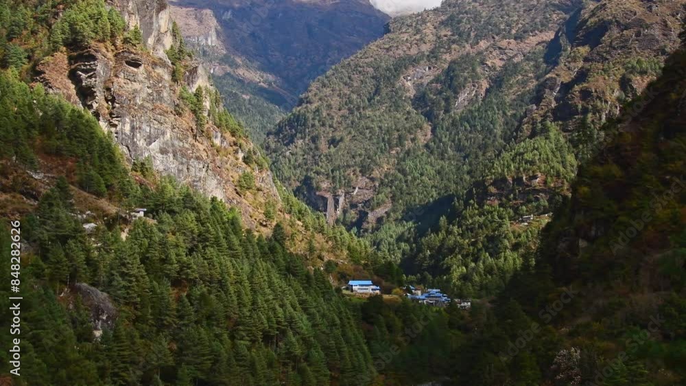 Everest base camp trekking route. Himalayan mountains flora in autumn. Alpine landscape and typical traditional houses and Nepalese culture Everest base camp trekking route. Himalayan mountains flora in autumn. Alpine landscape and typical traditional houses and Nepalese culture