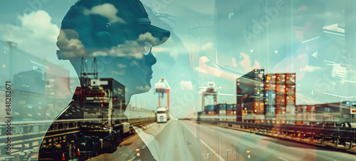 Border Control Double exposure of a customs officer with an overlay of a border checkpoint and cargo transport.