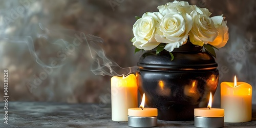 Elegant black cremation urn adorned with white roses and glowing candles. Concept Elegant Decor, Black Cremation Urn, White Roses, Glowing Candles, Memorial Tribute