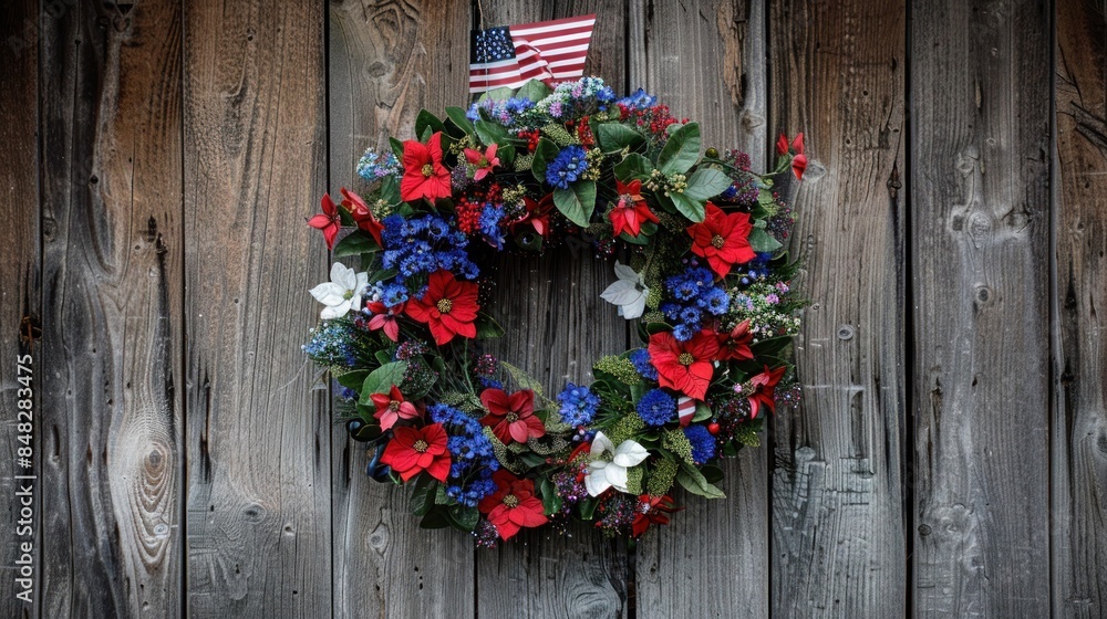detailed shot of a patriotic wreath hanging on a rustic wooden door detailed shot of a patriotic wreath hanging on a rustic wooden door