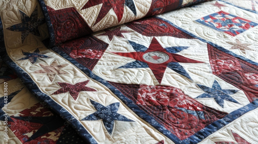 detailed shot of a patriotic quilt with red, white, and blue patterns detailed shot of a patriotic quilt with red, white, and blue patterns