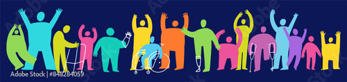 A multiracial group of people with disabilities. A group of people hand-drawn in the form of doodles.