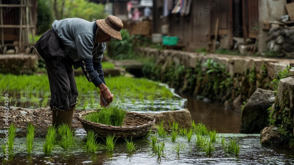 AI generator images of farmers, farmers Planting seedlings rice plants, rice seedlings for planting In a large rice field plot AI generator images of farmers, farmers Planting seedlings rice plants, rice seedlings for planting In a large rice field plot