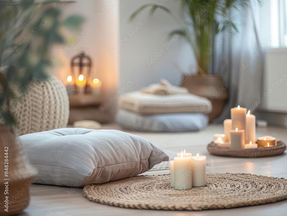 A cozy meditation space, with a soft cushion and a few candles. The perfect place to relax and find your center. A cozy meditation space, with a soft cushion and a few candles. The perfect place to relax and find your center.