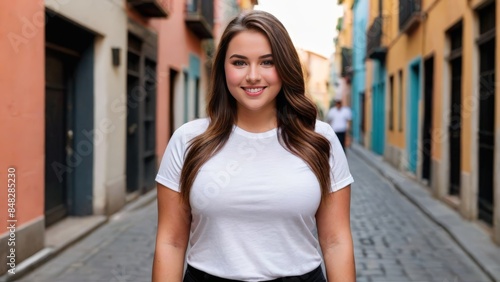 Plus size young woman wearing white t-shirt and black jeans standing in a city alley