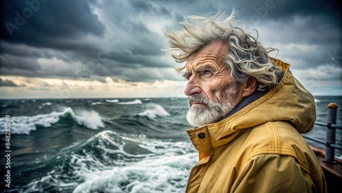 Fisherman with graying hair and weathered face braving a stormy day at sea, gazing out over the ocean, fisherman, sea, stormy photo