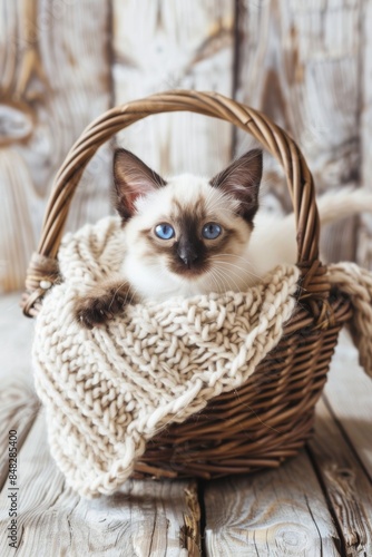 Charming siamese kitten relaxing in wicker basket with hand knitted cozy blankets