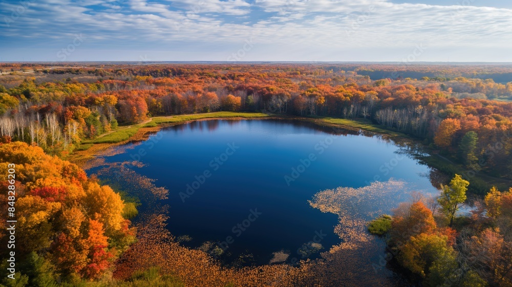 Aerial shot of a serene lake surrounded by autumn foliage. Aerial shot of a serene lake surrounded by autumn foliage.