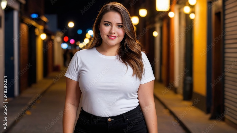 Plus size young woman wearing white t-shirt and black jeans standing in a city alley at night Plus size young woman wearing white t-shirt and black jeans standing in a city alley at night