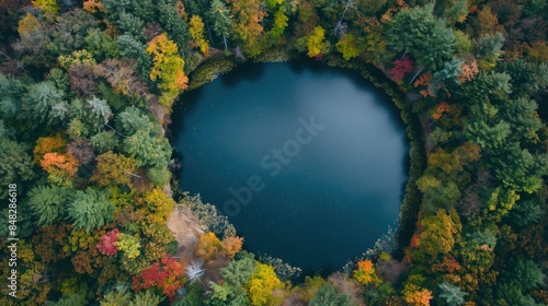 Aerial shot of a peaceful lake surrounded by dense forest in autumn. © Nisit
