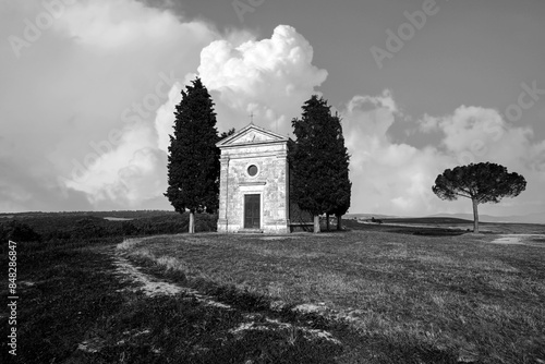 Hilltop Chapel of Madonna di Vitaleta in Siena’s Val D’Orcia portrait in black and white
