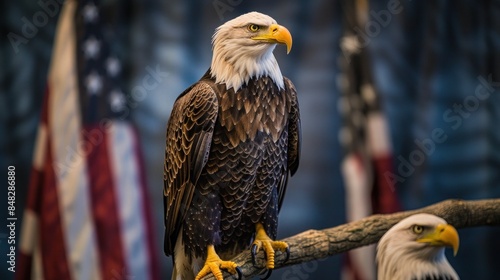 majestic American bald eagle perched on a branch with the American flag as a backdrop