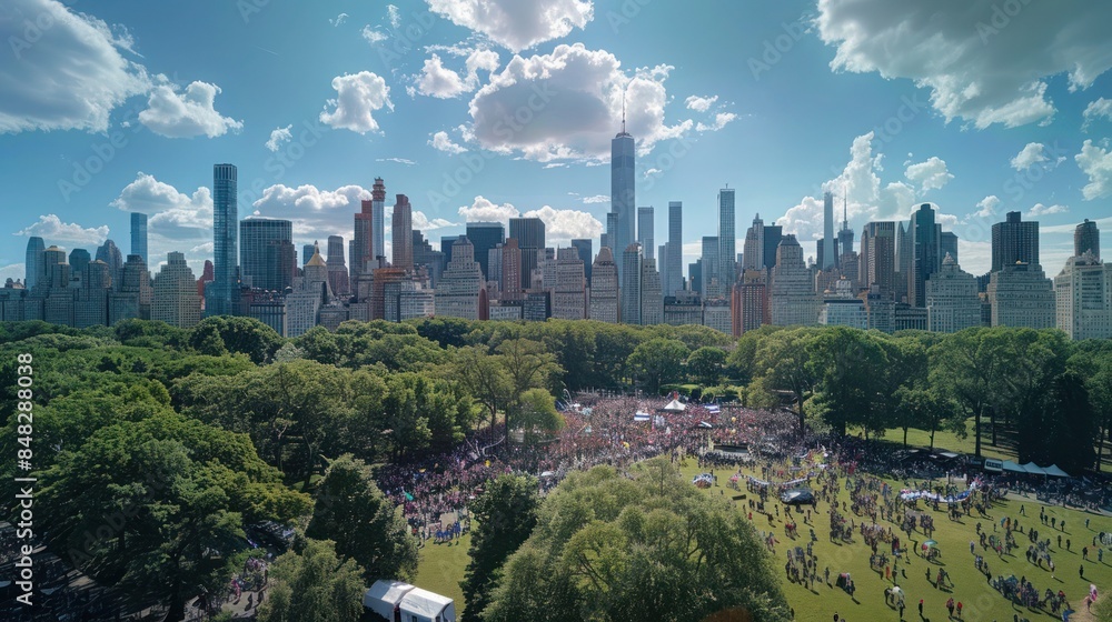 Fototapeta premium panoramic shot of a bustling city park filled with people celebrating Independence Day