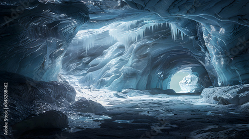 Hidden within a glacier, a labyrinth of ice caves twists and turns in a fantastical world, its icy walls shimmering with a cold, unearthly light