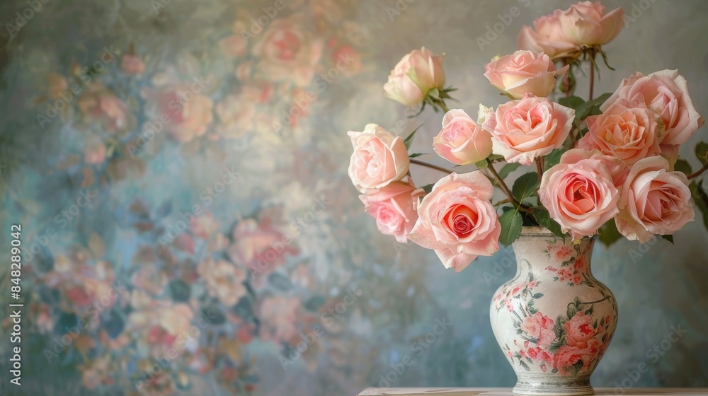 Pink roses displayed in an antique vase against a backdrop Pink roses displayed in an antique vase against a backdrop