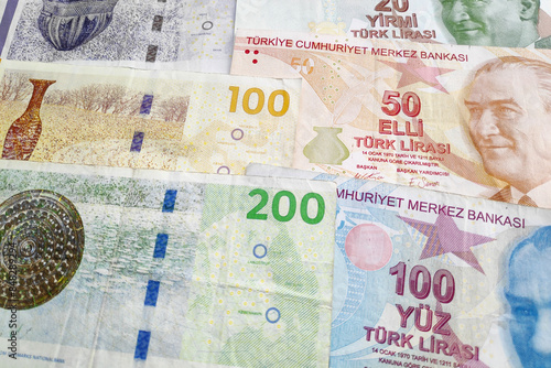 Bild auf Leinwand Stack of Danish Kroners and Turkish Liras