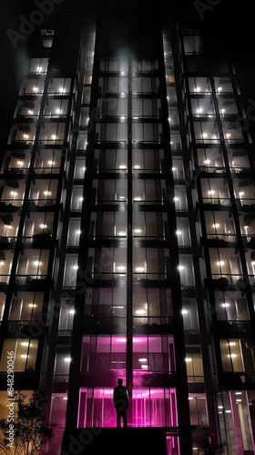 tall modern building glowing windows, urbancore, art event exhbition, photo