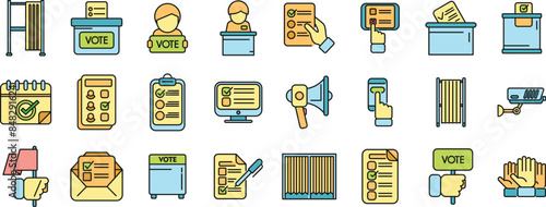 Polling booth icons set outline vector. Ballot box. Choice election thin line color flat on white