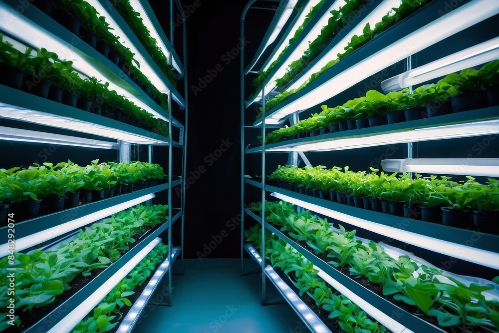Lush Vertical Farm With Layers Of Various Green Plants Growing Under LED Lights Demonstrating Advanced Hydroponics Technology Lush Vertical Farm With Layers Of Various Green Plants Growing Under LED Lights Demonstrating Advanced Hydroponics Technology