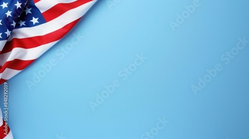 plain baby blue background with a USA flag theme in the corner and copy space for text on the left