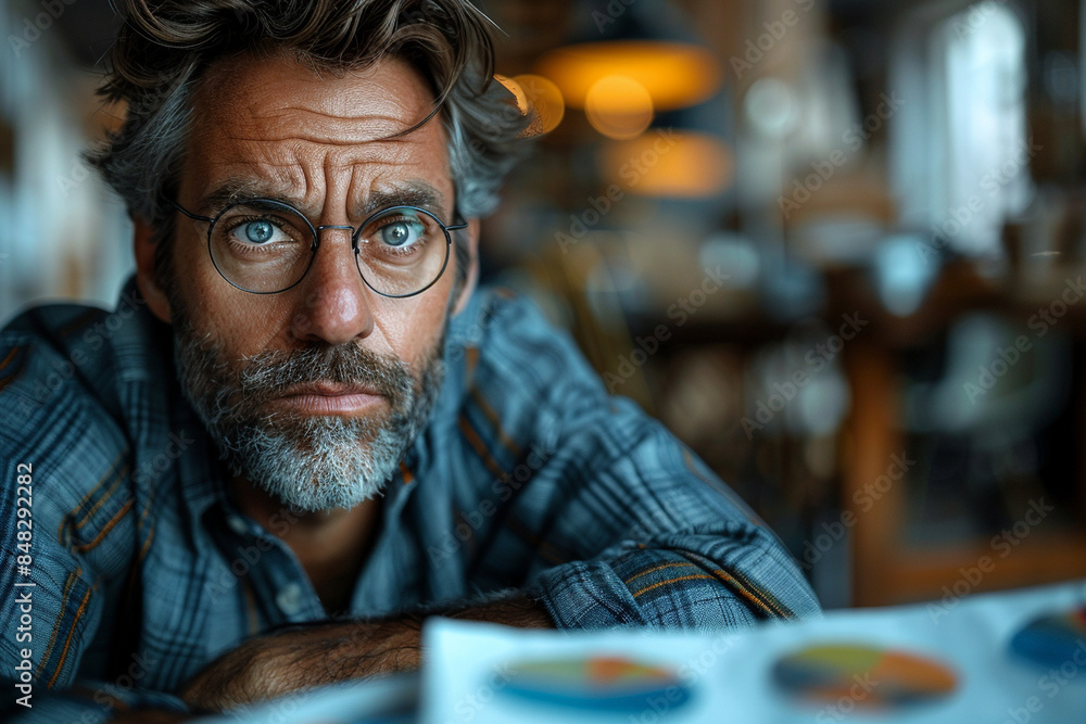 A middle-aged man feeling anxious about a financial decision A middle-aged man feeling anxious about a financial decision