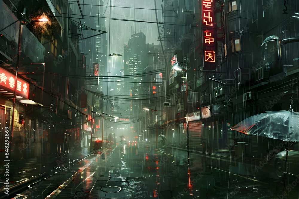 Fototapeta premium A photo of a dimly lit alleyway with a vivid green light shining at the far end creating a mysterious and intriguing atmosphere A dark rainsoaked alleyway in a futuristic city AI Generated 