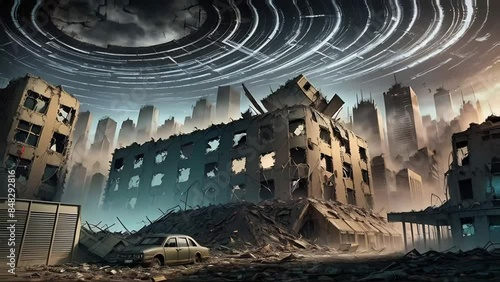 Postapocalyptic city with ruined buildings, cars, dramatic skies, chaos, dystopia photo