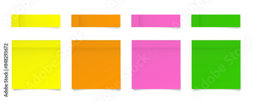 Set of square paper stickers. Stick in notes. Yellow, orange, pink and green neon colors. Multicolor post it notes. Sheets of paper. Tag, sticky note