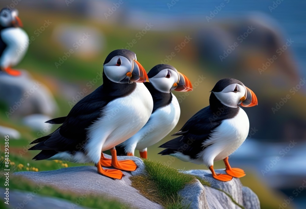 A close-up of an Atlantic puffin standing on a rock with its colorful beak and feathers visible A close-up of an Atlantic puffin standing on a rock with its colorful beak and feathers visible