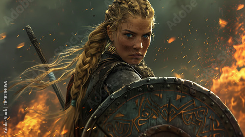 nordic shieldmaiden's fierce gaze pierces through as she holds her viking shield, exuding strength and readiness for imminent battle