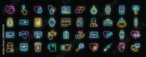 Palpitating icons set outline vector. Aid abdomen. Aid attack neon color on black
