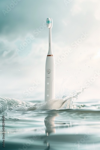 Electric toothbrush standing upright in water with dynamic splashing drops creating a clean and fresh atmosphere photo