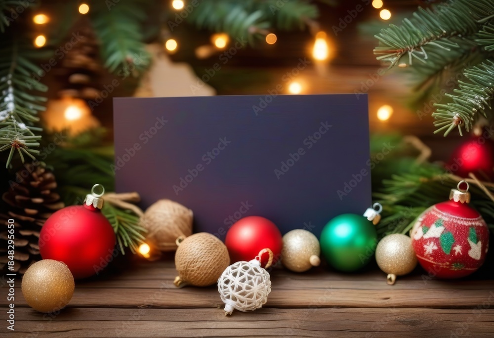Obraz premium A blank greeting card surrounded by vintage Christmas decorations on a wooden background