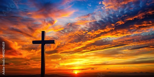 Vibrant sunset creating a beautiful cross silhouette in the sky, Religious, faith, sunset, sky, multicolored, evening