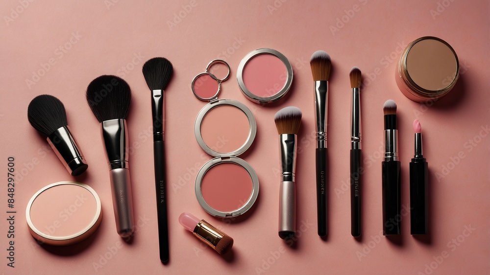 Cosmetics & Brushes on Pink Background Cosmetics & Brushes on Pink Background